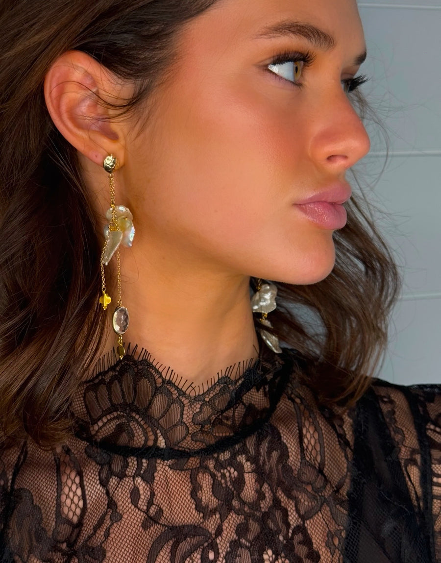 Gold Charm Earrings with White Topaz & Rare Peach Keshi Pearls