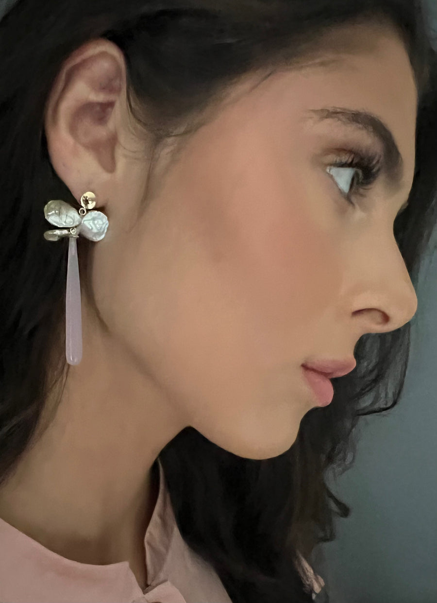 Pink Chalcedony & Keshi Pearl Drop Earrings