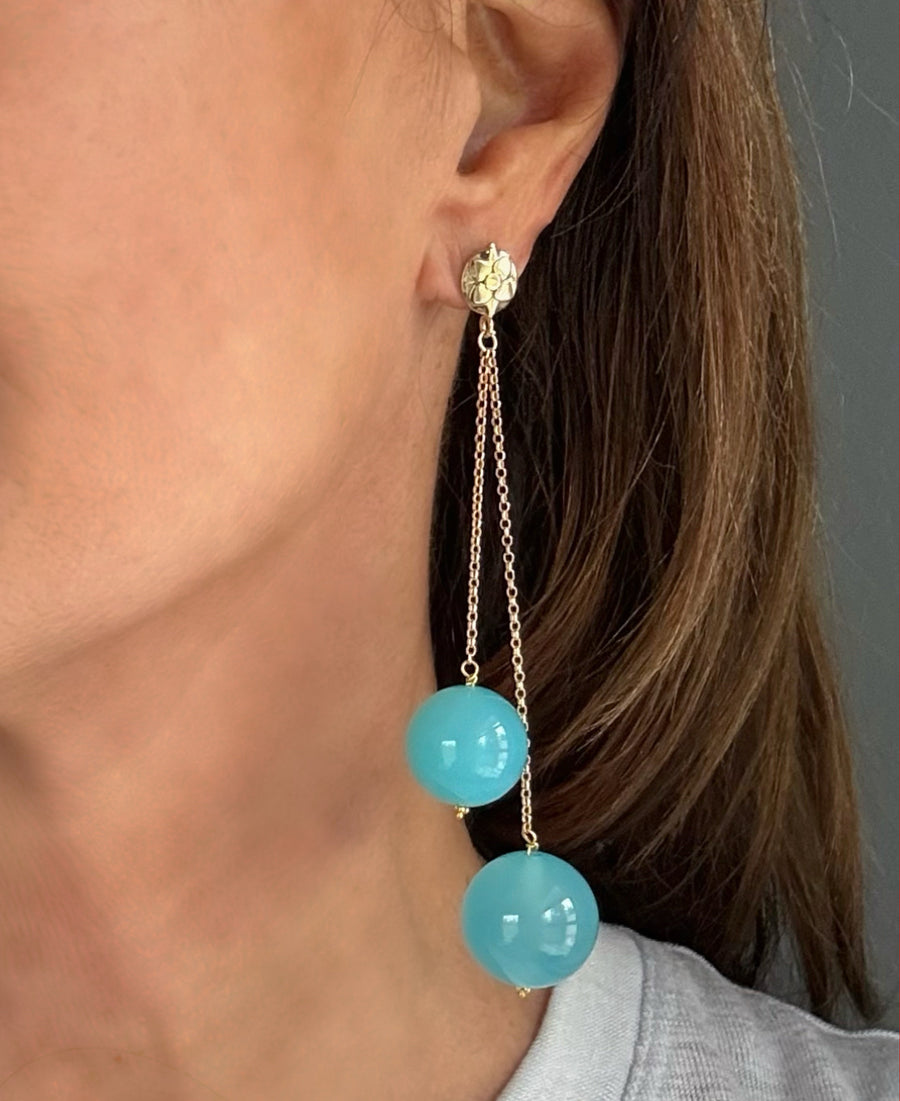 Blue Dangle Chalcedony  ball and Gold Earring
