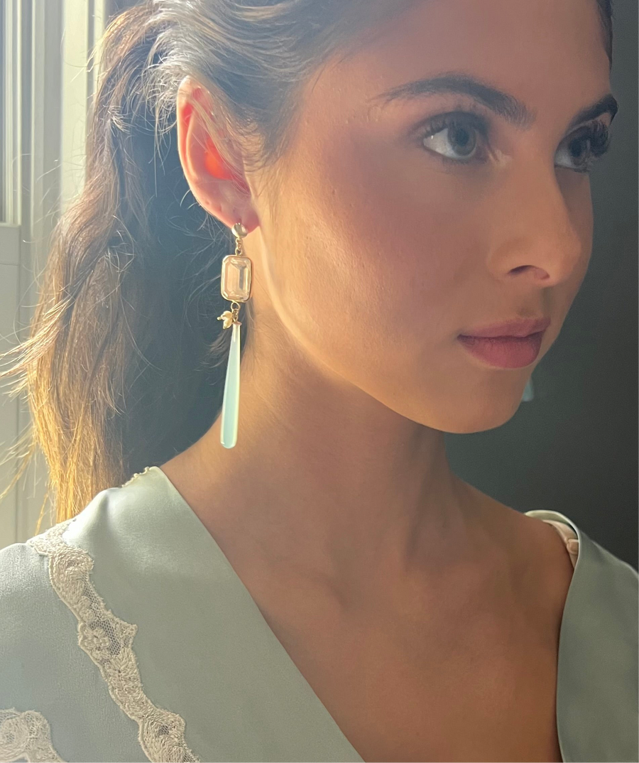 Long Chalcedony Drop Earrings with Gold Encased White Topaz and Pearl