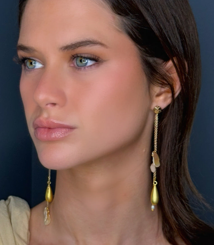 Gold Charm Gold Dangle Earrings with Keshi Pearls