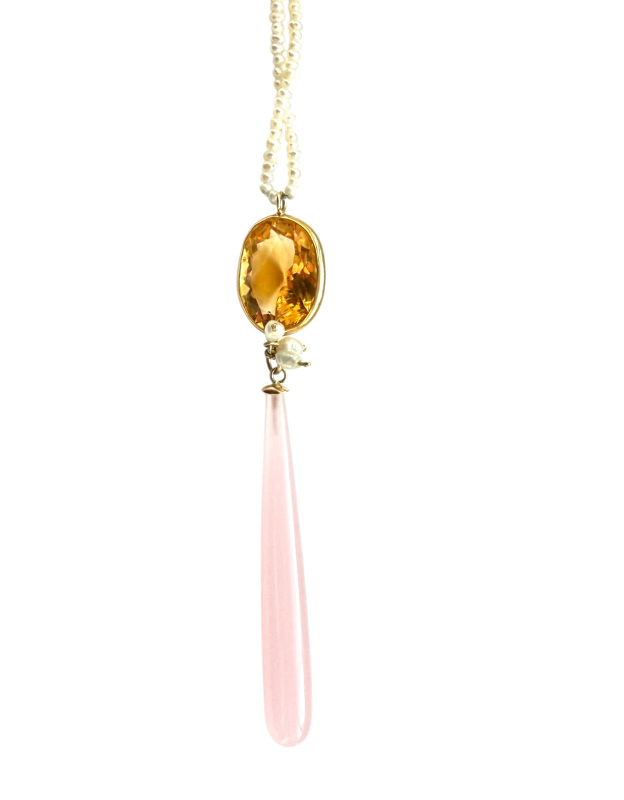Gold, Citrine & Pink Chalcedony Pearl Pendant