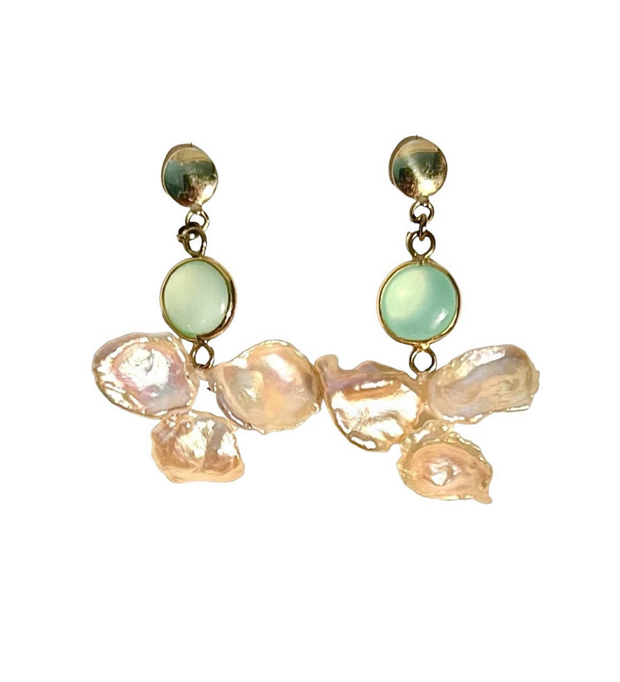 Baby Blue Chalcedony & Peach Keshi Pearl Earrings