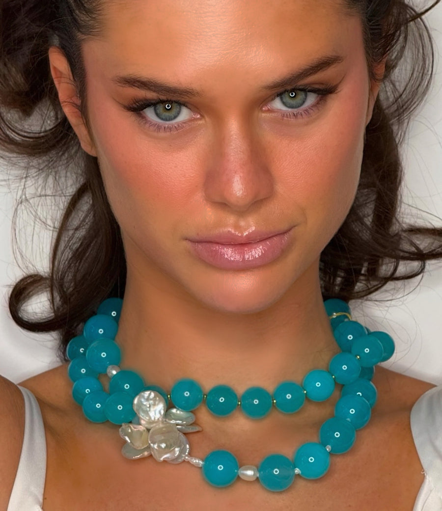 Aqua Chalcedony Keshi Pearl Necklace