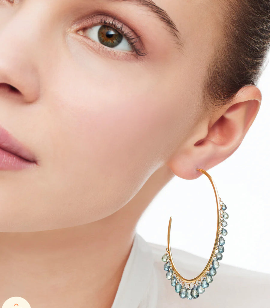 Faceted Green/Blue Sapphire & Gold Hoop Earrings
