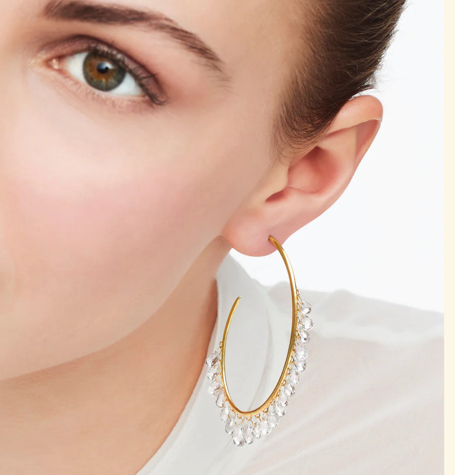 White Faceted Sapphire & Gold Oval Hoop Earrings