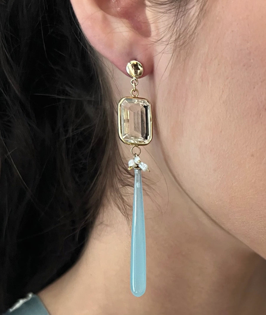 Long Chalcedony Drop Earrings with Gold Encased White Topaz and Pearl