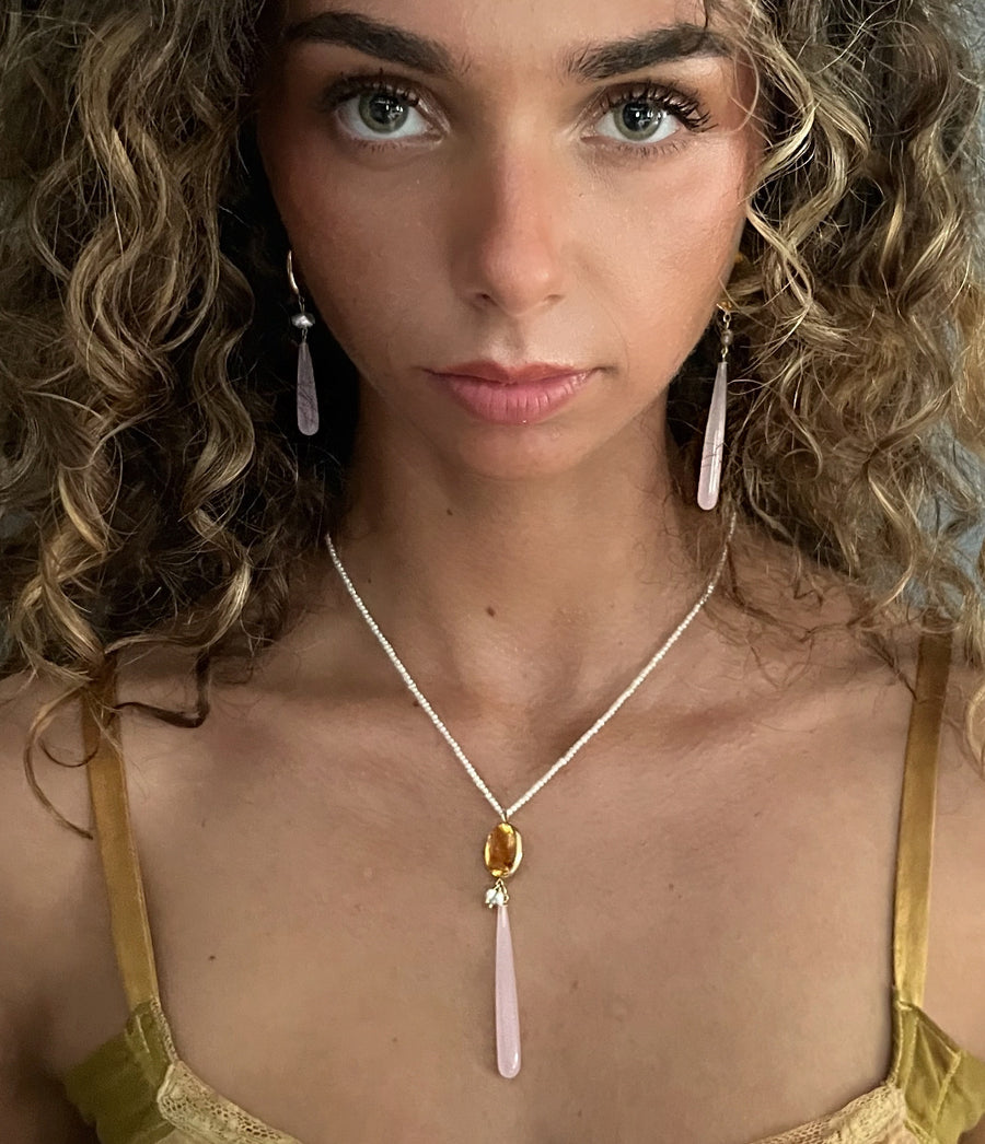 Gold, Citrine & Pink Chalcedony Pearl Pendant