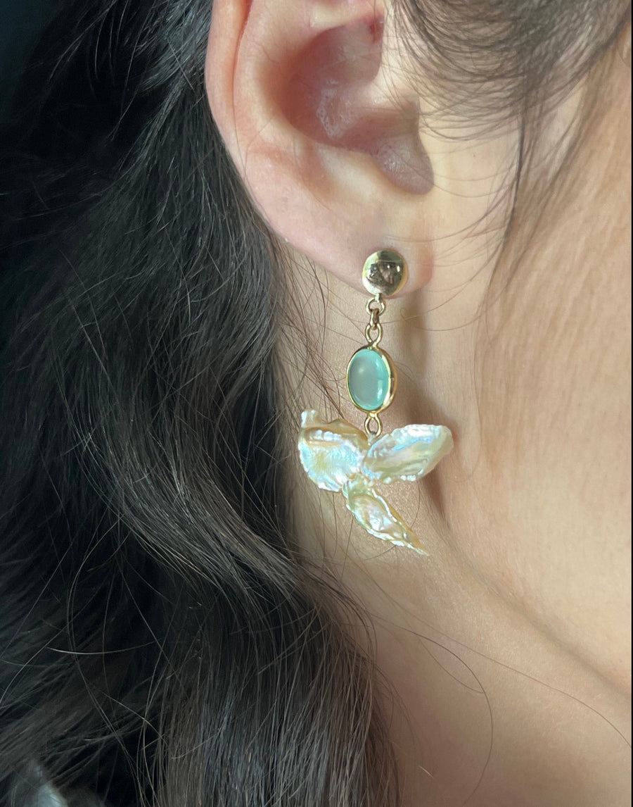 Baby Blue Chalcedony & Peach Keshi Pearl Earrings