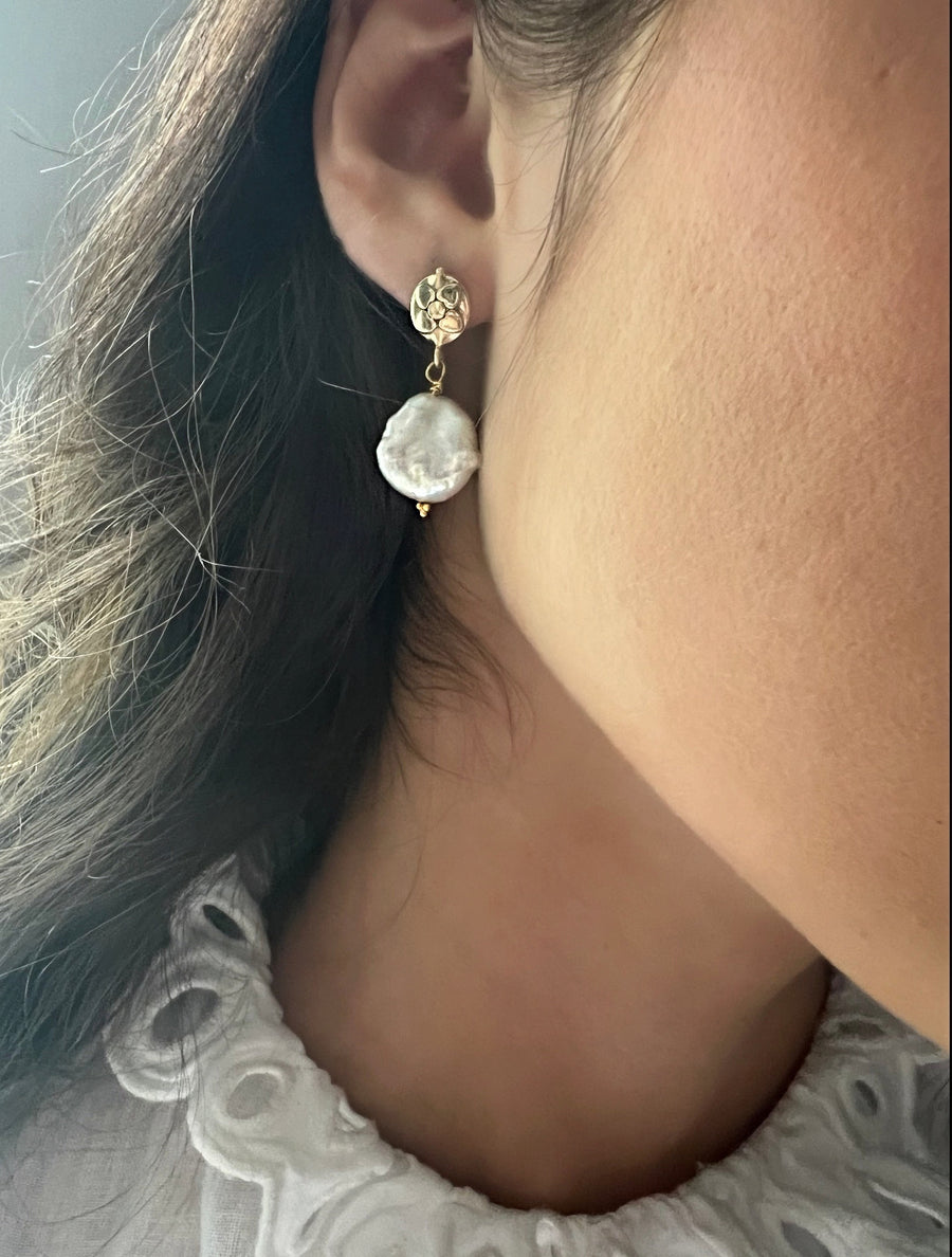 Pearl Drop Earrings with Floral Post