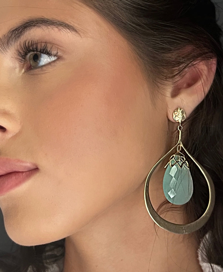 Aqua Chalcedony Large Gold Earrings