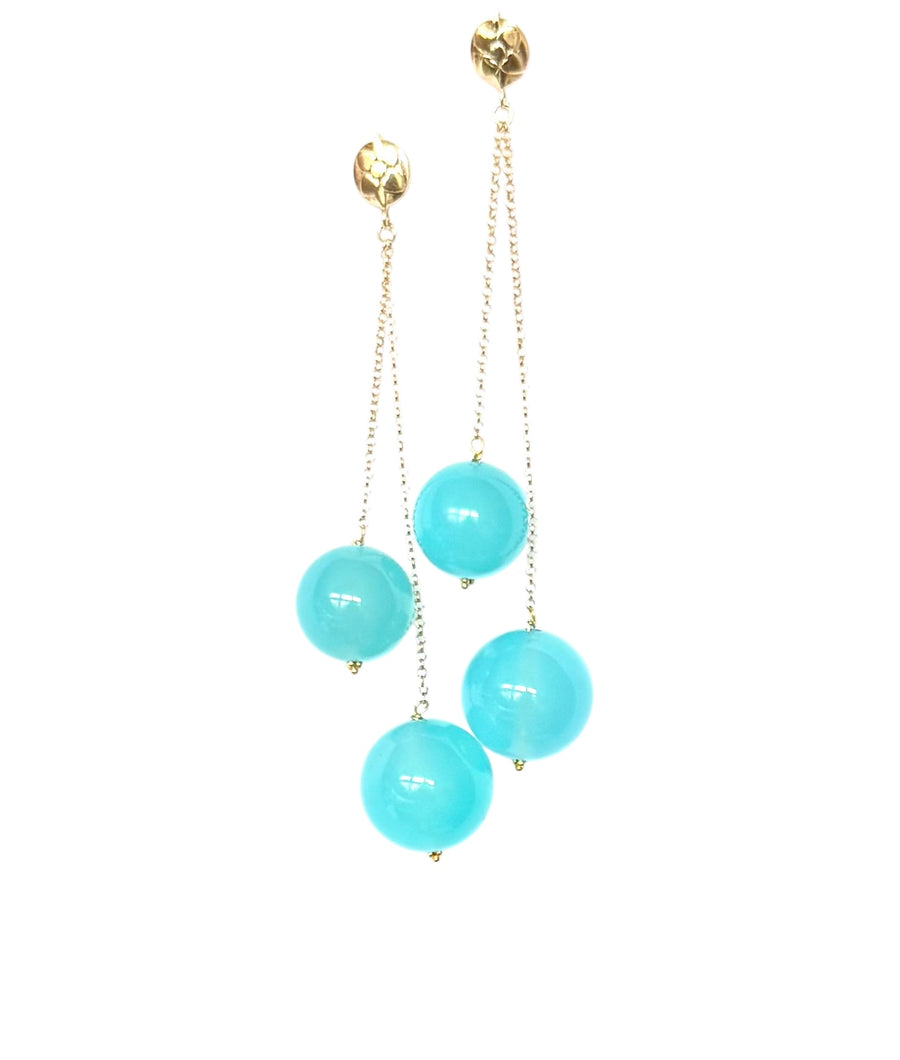 Blue Dangle Chalcedony  ball and Gold Earring