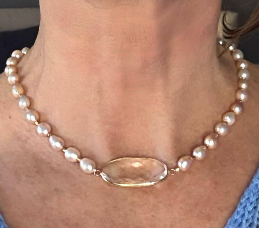 White Topaz, Pearl and 18k Gold Necklace