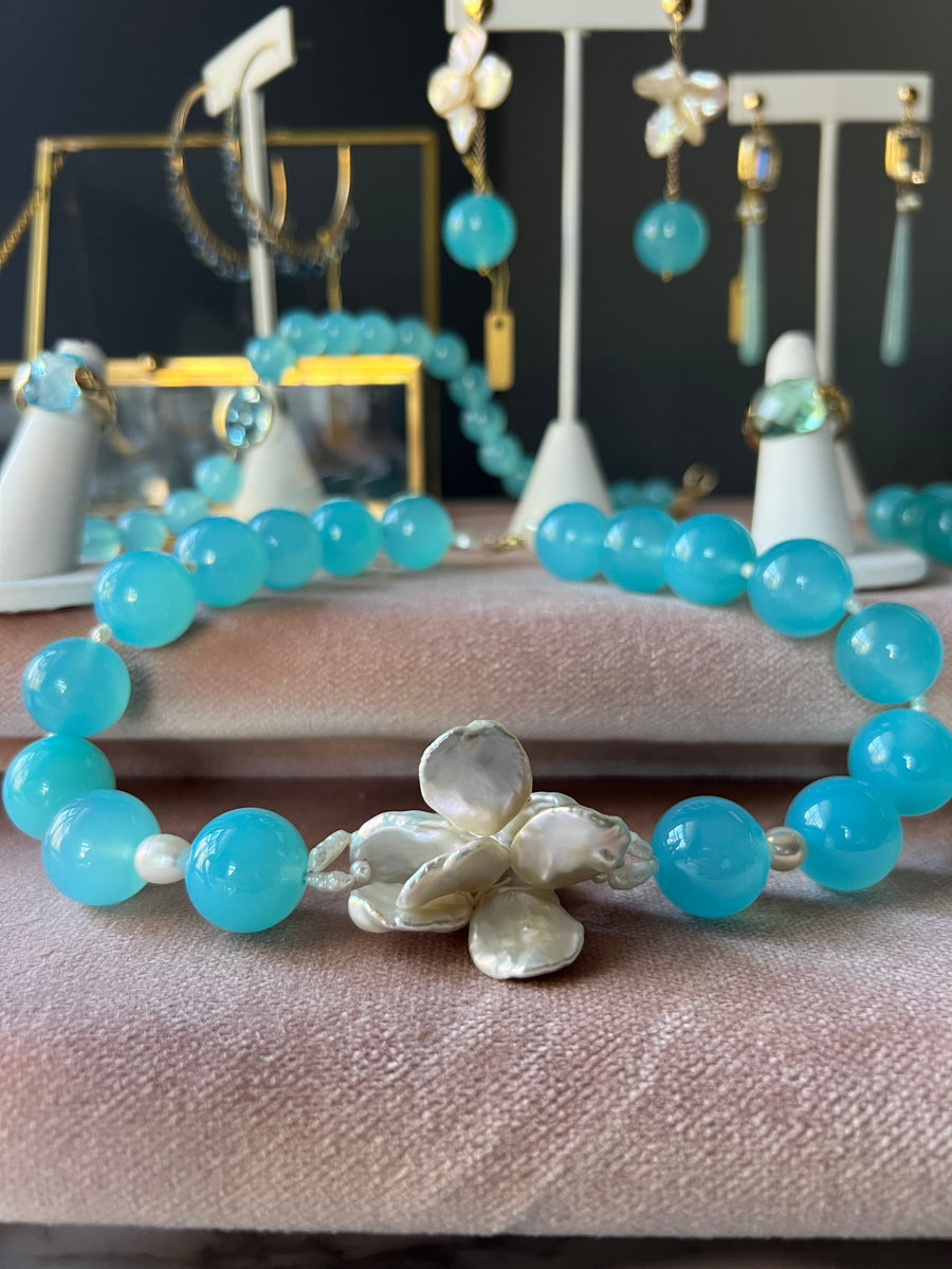 Aqua Chalcedony Keshi Pearl Necklace