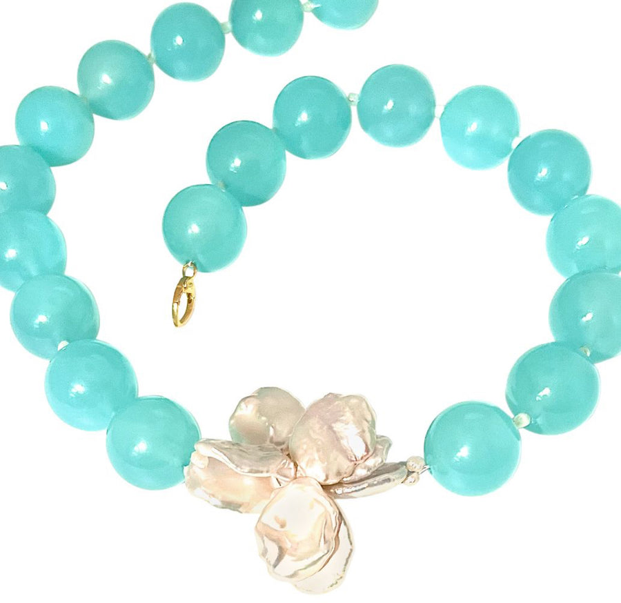 Aqua Chalcedony Keshi Pearl Necklace
