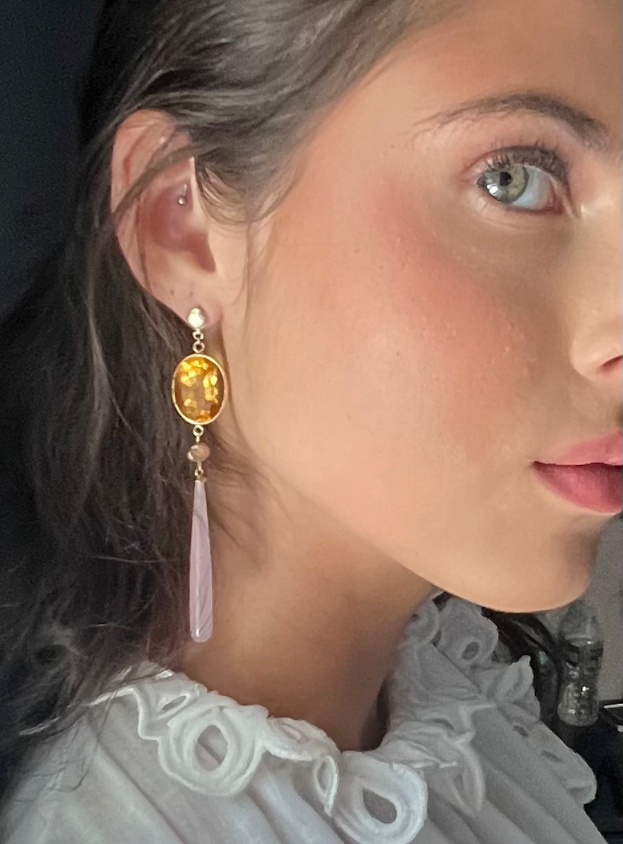 Gold Citrine & Pink Chalcedony Drop Earrings