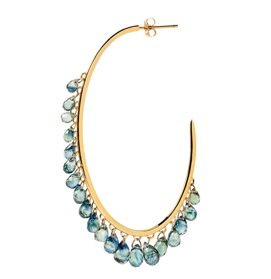 Faceted Green/Blue Sapphire & Gold Hoop Earrings