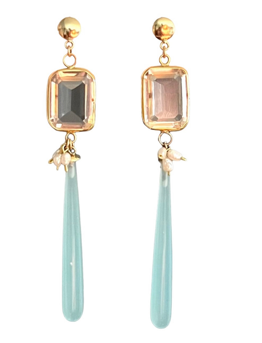 Long Chalcedony Drop Earrings with Gold Encased White Topaz and Pearl
