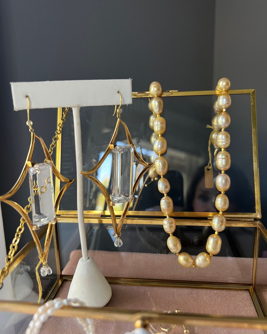White Topaz and Gold star shaped Earring