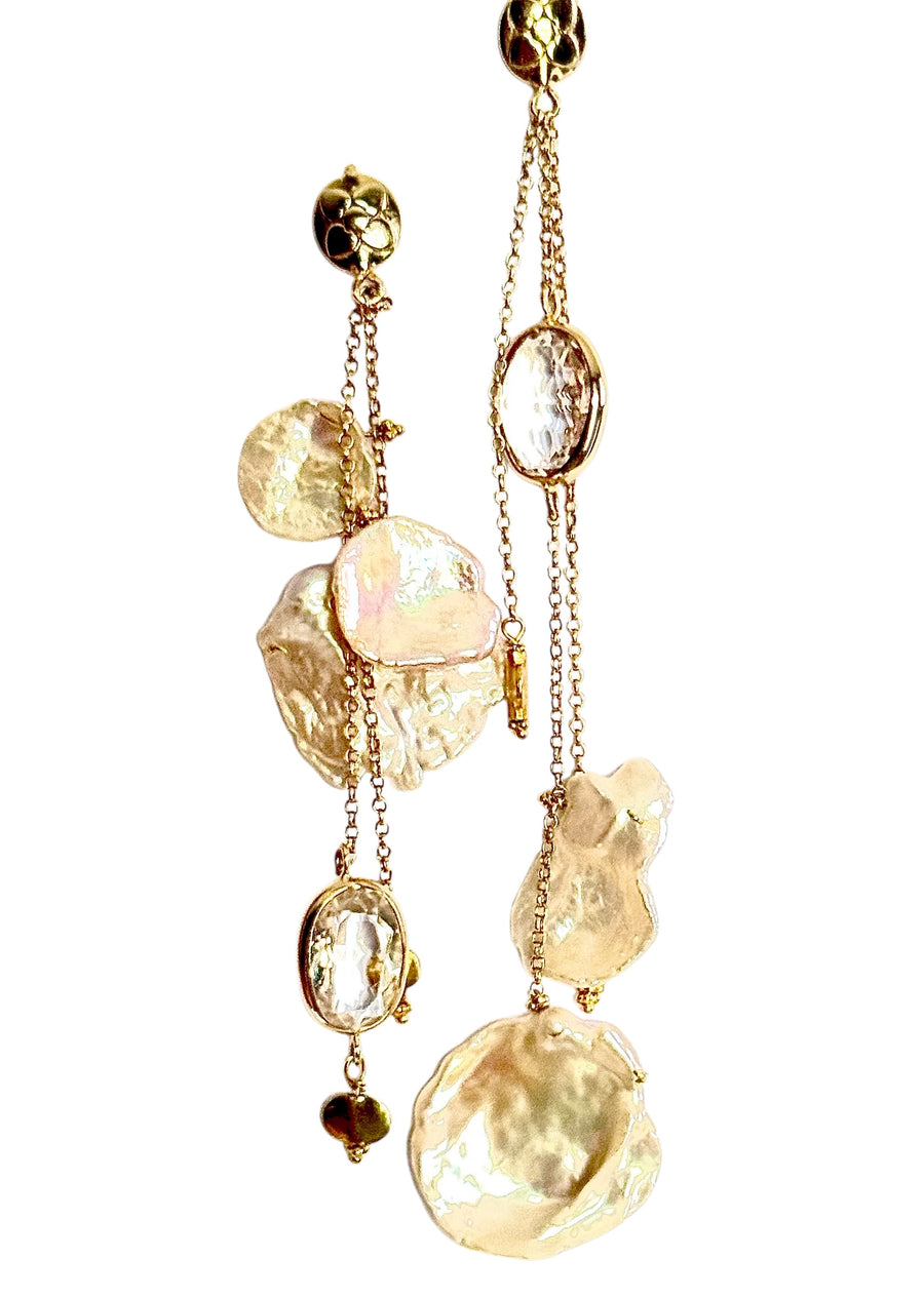 Gold Charm Earrings with White Topaz & Rare Peach Keshi Pearls