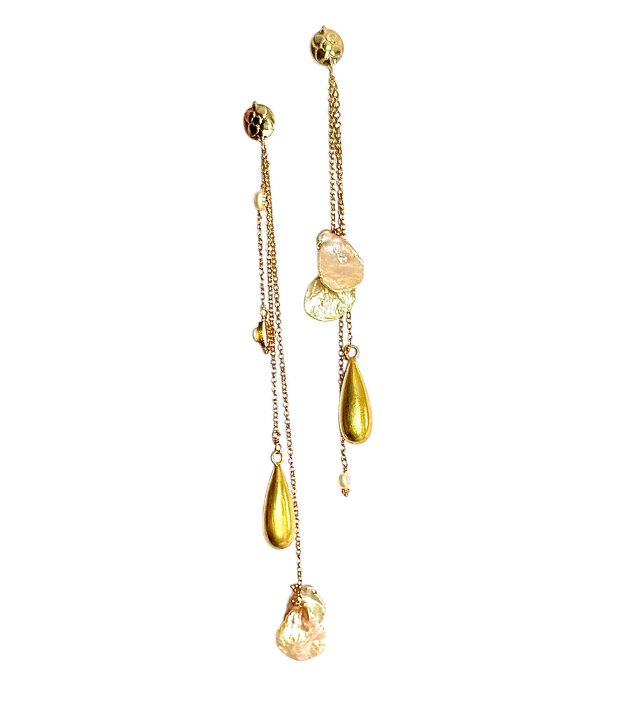 Gold Charm Gold Dangle Earrings with Keshi Pearls